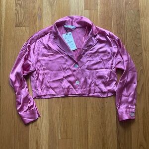 ZARA Satin Effect Cropped Pink Long Sleeve Top Size Small Button Down Top
